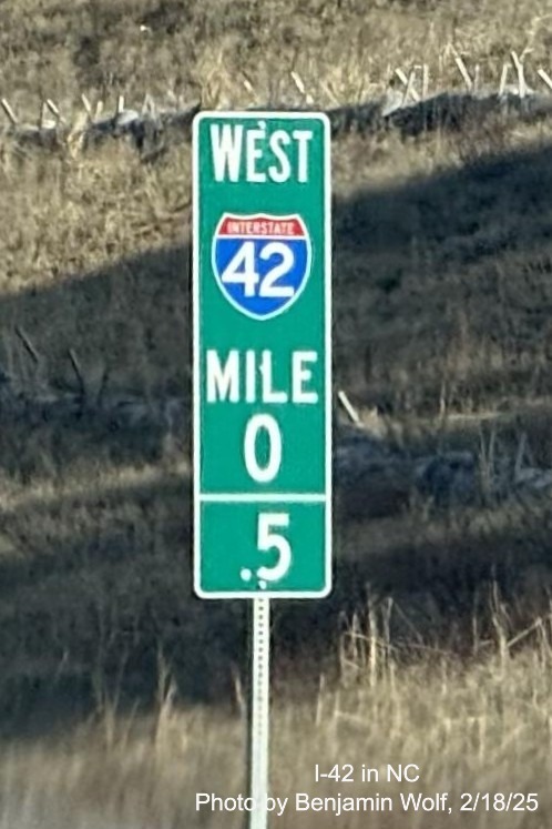 Image of new West I-42 0.5 Mile Marker prior to the I-40 exit at the end of the
	  Clayton Bypass, by Benjamin Wolf, February 2025