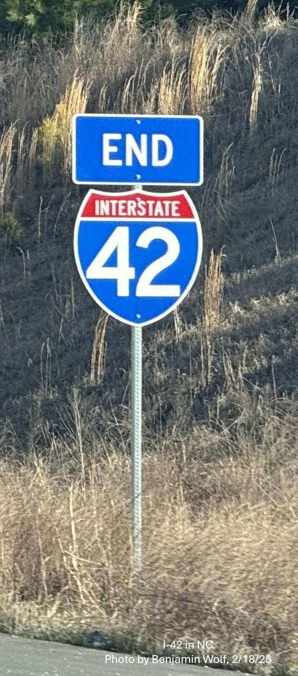 Image of new End I-42 sign prior to the I-40 exit at the end of the
	  Clayton Bypass, by Benjamin Wolf, February 2025