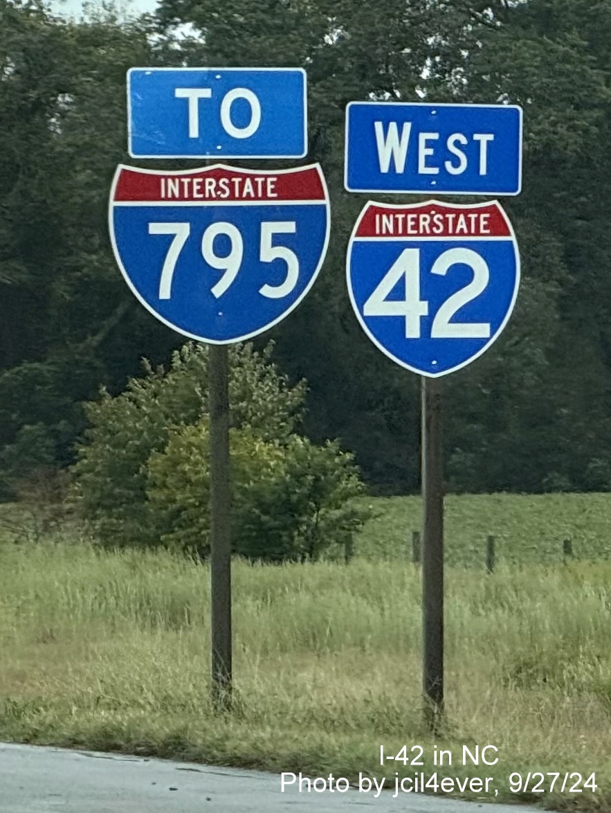 Image of newly placed West I-42 reassurance maker next to To I-795 sign on Goldsboro Bypass, by jcil4ever, September 2024