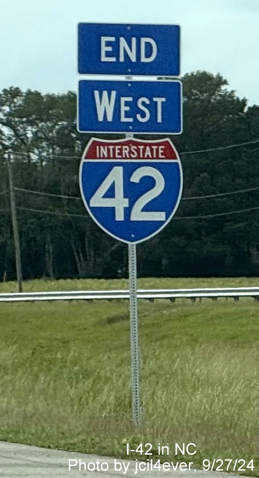 Image of newly placed End West I-42 sign at eastern end of Goldsboro Bypass, photo by jcil4ever, September 2024