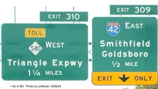 Image of 1/2 Mile advance sign for Clayton Bypass with I-42 shield on I-40 West in Garner, by jcil4ever, September 2024