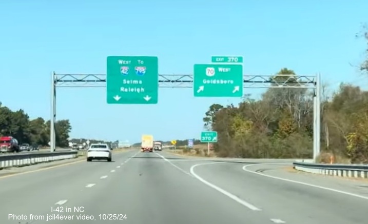 Image of first I-42 West pull through sign at US 70 exit at beginning of Goldsboro Bypass, from jcil4ever video, October 2024