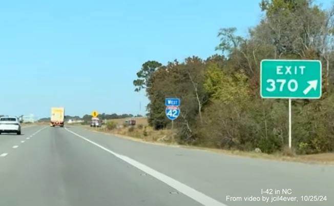 Image of first I-42 West reassurance marker after US 70 exit at beginning of Goldsboro Bypass, from jcil4ever video, October 2024