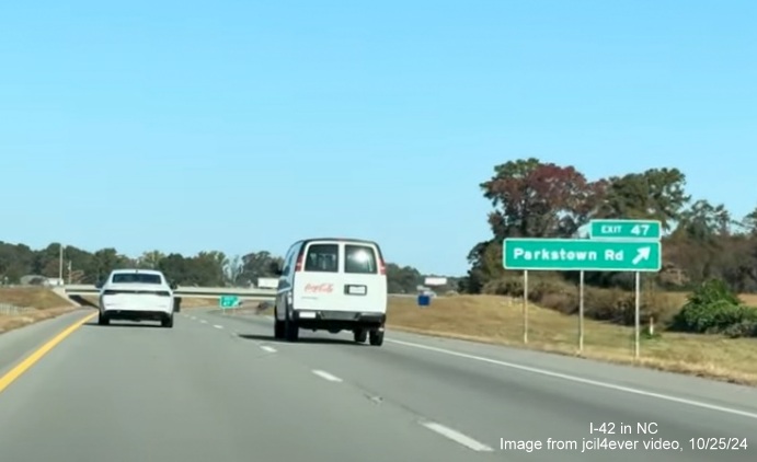 Image of renumbered exit sign for Parkstown Road exit on I-42 West/Goldsboro Bypass, from jcil4ever 
       video, October 2024