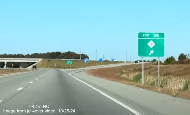 Image of renumbered exit sign for NC 381 exit on I-42 West/Goldsboro Bypass, from jcil4ever video, 
      October 2024