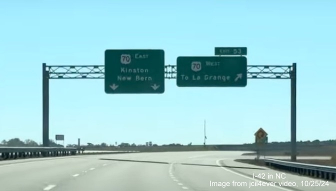 Image of renumbered exit sign for US 70 West exit on I-42 East/Goldsboro Bypass, from jcil4ever video, 
      October 2024