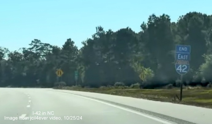 Image of End East I-42 signe at end of Goldsboro Bypass, from jcil4ever video, 
      October 2024