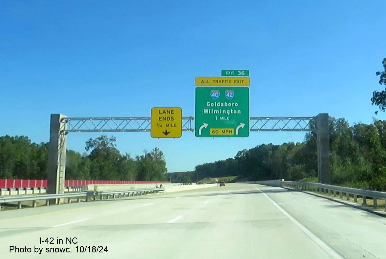 Image of 1/2 Mile advance overhead sign with a I-42 shield for the Turbine interchange on NC 540 East, 
        photo by snowc, October 2024