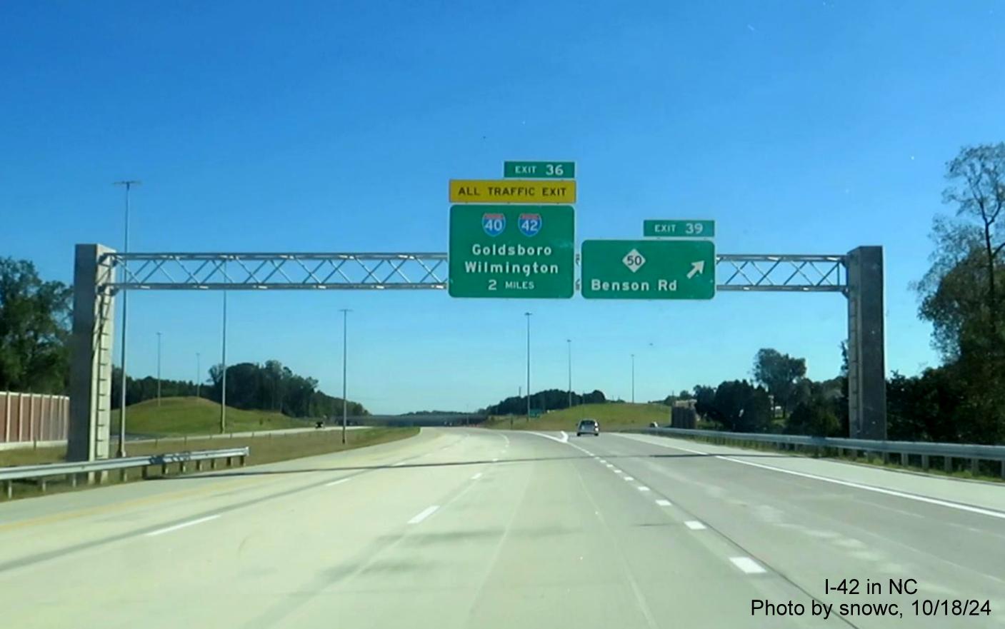 Image of first sign featuring an I-42 shield on the Turbine interchange 2 Miles advance sign at the NC 50 exit on NC 540 East, photo by snowc, October 2024