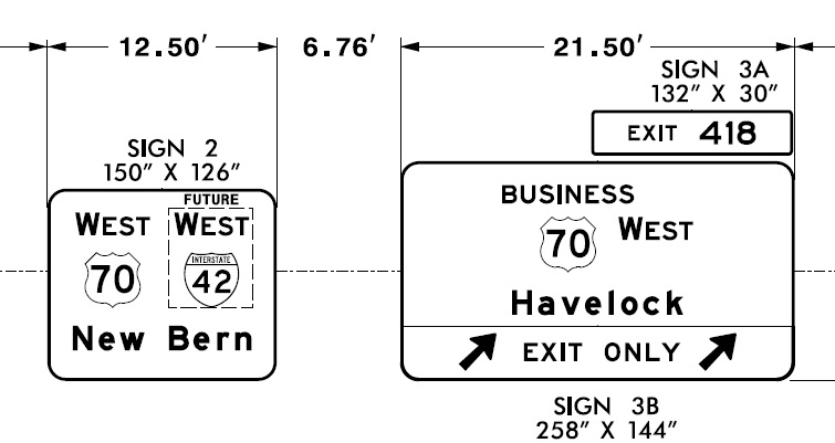 Image of NCDOT sign plan for Business 70 exit on US 70 Havelock Bypass (Future Interstate 42)