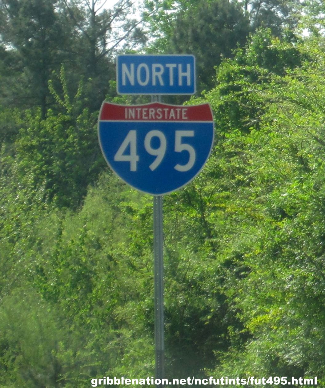 Image of newly installed North I-495 sign near Raleigh in 
April 2014