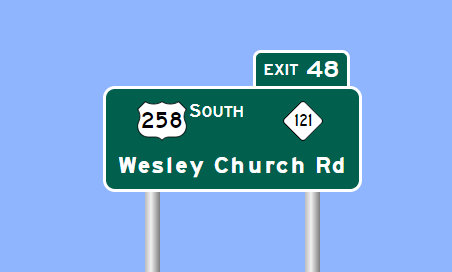 Image of new sign for US 258 South/NC 121 exit on I-587 East, by Sign Maker software, May 2024