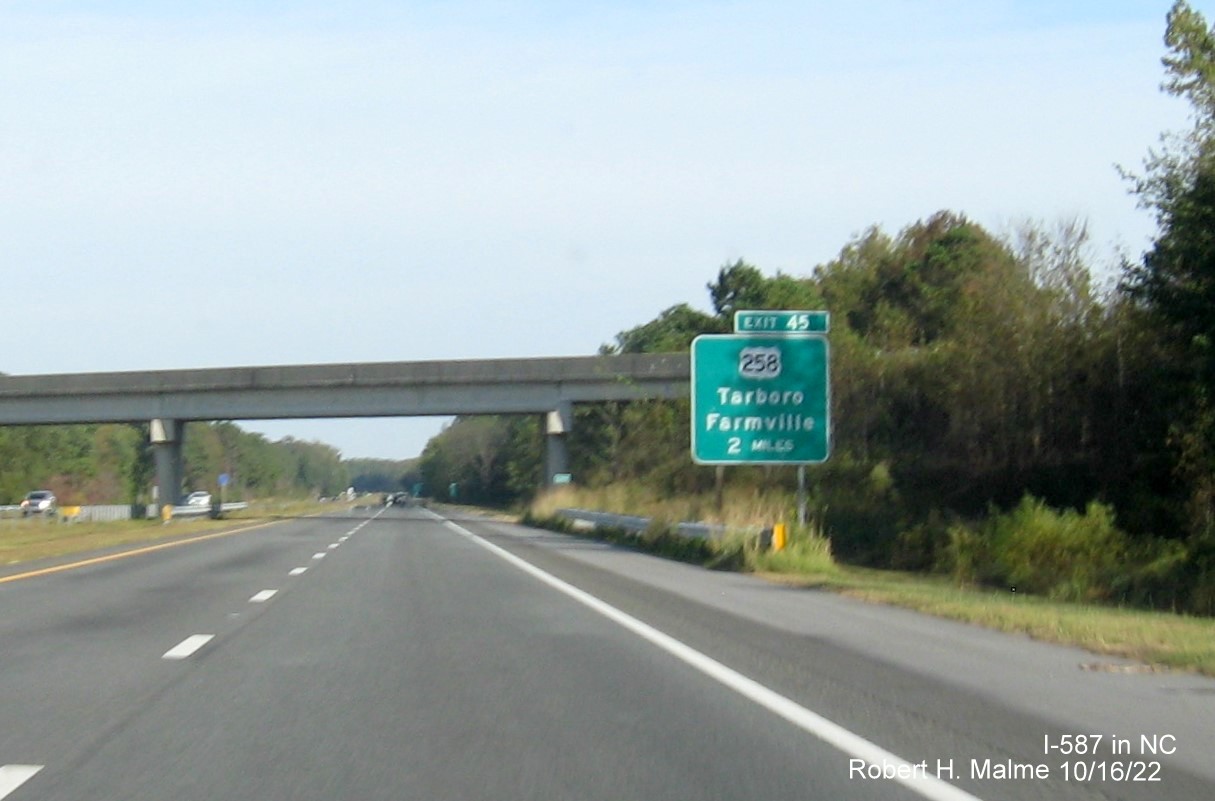 Image of 2 miles advance sign for US 258 North exit with new I-587 milepost exit number on I-587 East in Farmville, October 2022