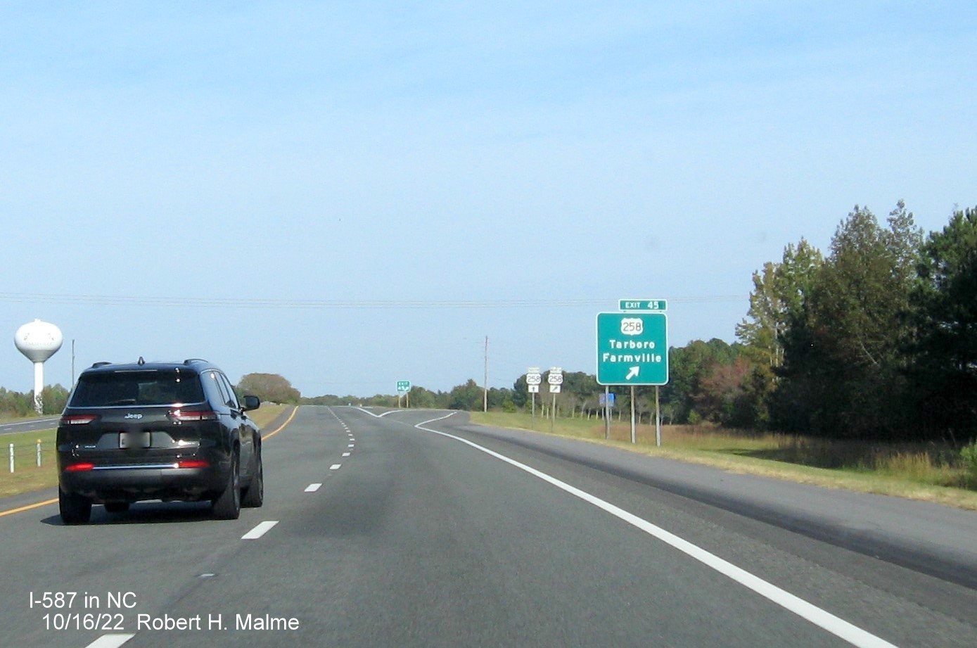 Image of ground mounted ramp sign for US 258 North exit with new I-587 milepost exit number on I-587 East in Farmville, October 2022