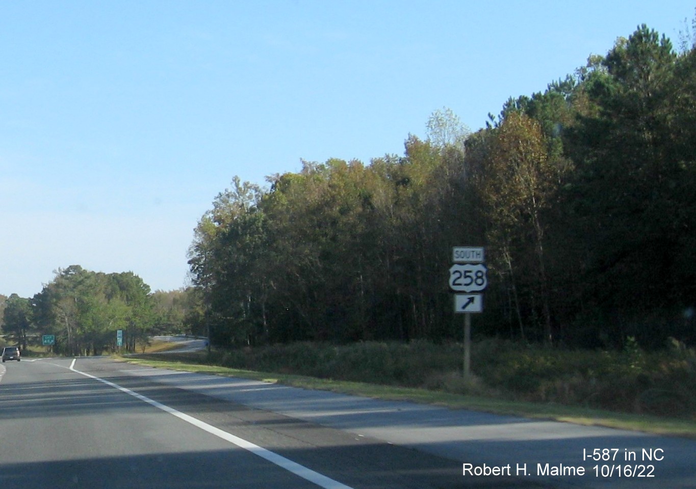 Image of ground mounted ramp sign for Wesley Chapel Road (US 258 South) exit with new I-587 milepost exit number on I-587 East in Farmville, October 2022