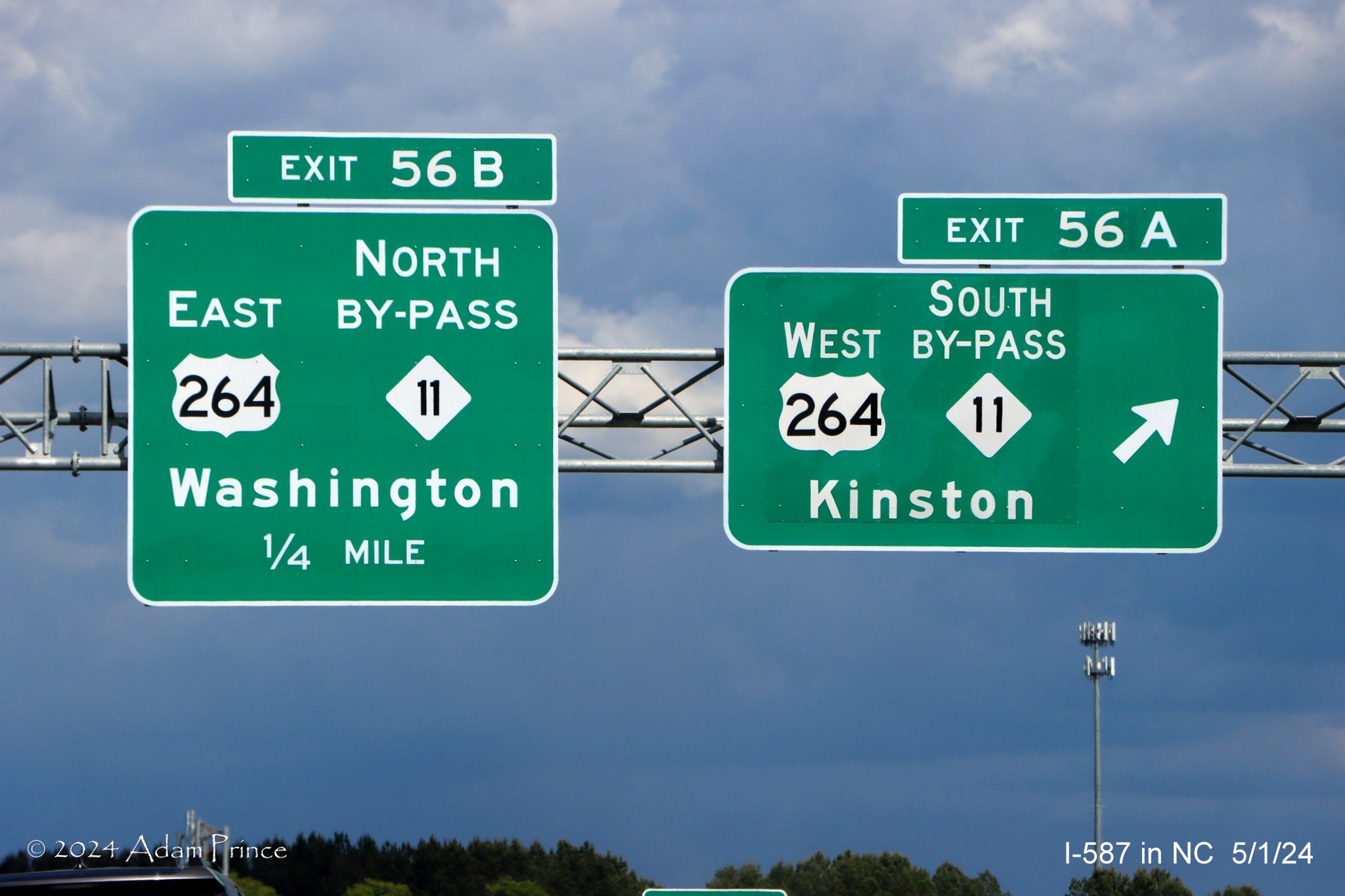 Image of new overhead ramp signs for US 264/Bypass NC 11 exits in Greenville at end of I-587 East, by Adam Prince, May 2024