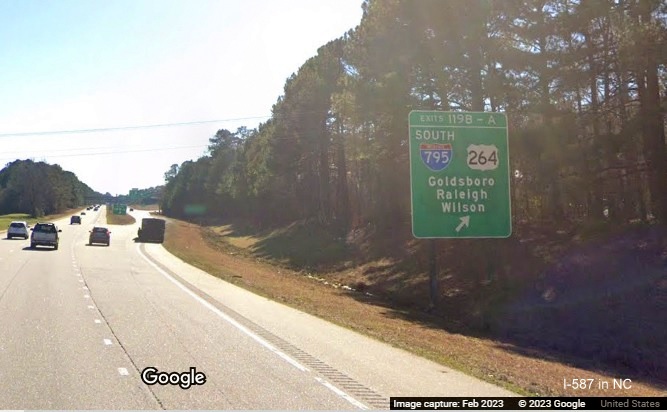 Image of ground mounted exit sign for I-795/US 264 exits on I-95 South in Wilson still without I-587 shields, Google Maps Street View, February 2023