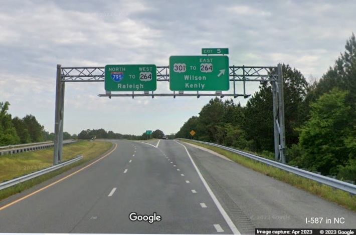 Image of overhead signage for US 301 exit on I-795 North in Wilson still without I-587 shields, Google Maps Street View, April 2023