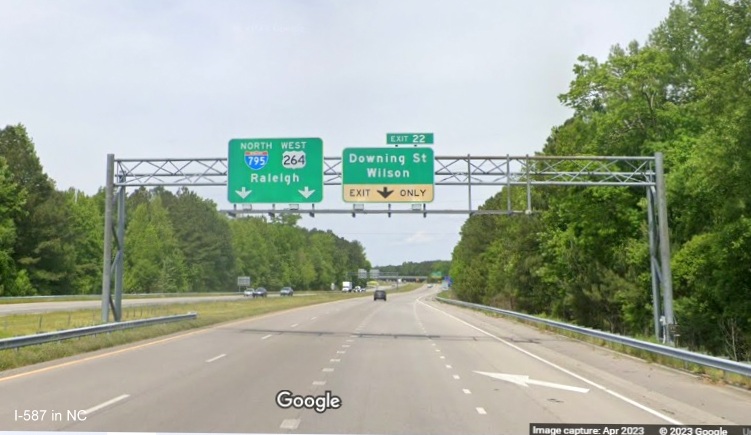 Image of overhead signage for US 301 exit on I-795 North in Wilson still without I-587 shields, Google Maps Street View, April 2023