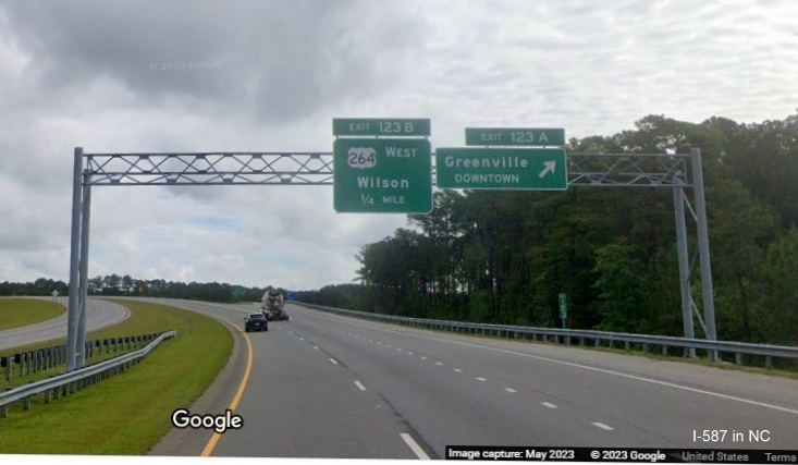 Image of signage approaching exit with I-587 West on US 264 East with lack of I-587 shield, Google Maps Street View, May 2023