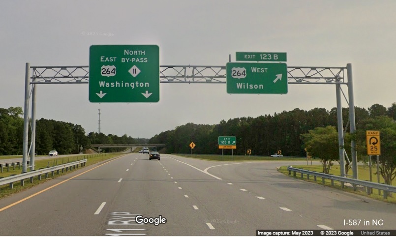 Image of overhead signage at ramp for I-587 West exit still not updated with interstate shield on US 264 East/Bypass NC 11 North in Greenville, Google Maps Street View, May 2023