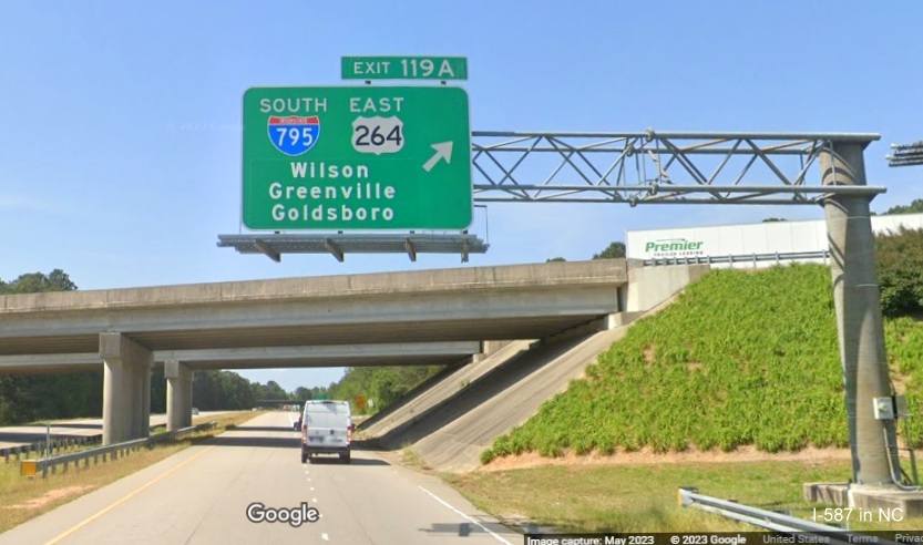 Image of overhead C/D ramp sign for I-587 East/I-795 South exit still without I-587 shield on I-95 South in Wilson, Google Maps Street View, May 2023