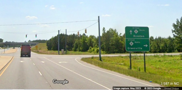 Image of ramp guide sign on US 13 South/US 264 East for NC 11 Bypass in Greenville not including US 264 shield, Google Maps Street View, May 2023