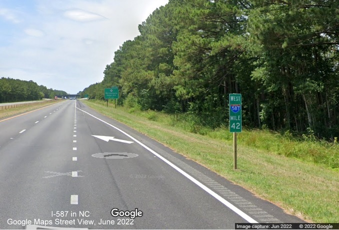 Image of recently placed West I-587 mile marker in Farmville, Google Maps Street View, June 2022