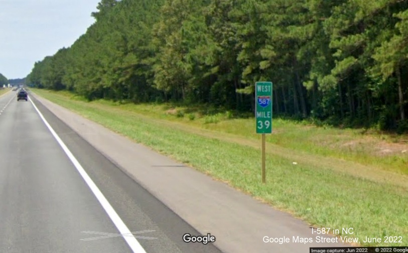Image of recently placed West I-587 mile marker in Snow Hill, Google Maps Street View, June 2022