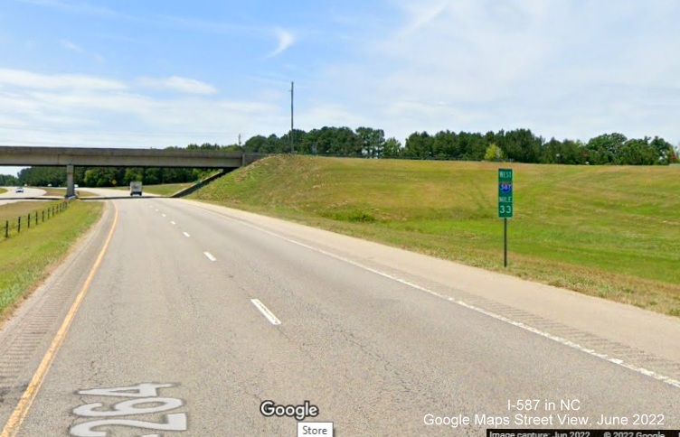 Image of recently placed West I-587 mile marker in Saratoga, Google Maps Street View, June 2022