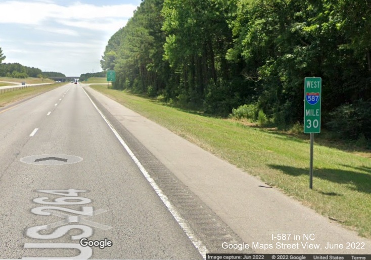 Image of recently placed West I-587 mile marker in Wilson, Google Maps Street View, June 2022