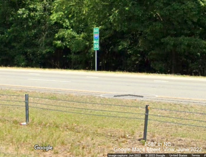 Image of recently placed East I-587 mile marker in Wilson, Google Maps Street View, June 2022