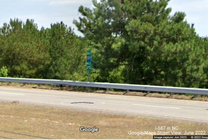 Image of recently placed East I-587 mile marker in Wilson, Google Maps Street View, June 2022