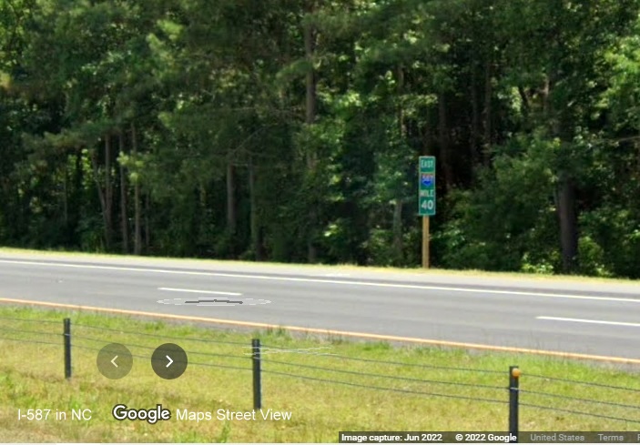 Image of recently placed East I-587 mile marker in Farmville, Google Maps Street View, June 2022