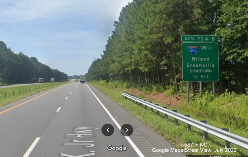 Image of 1/2 mile advance sign for I-587 West on US 264 West/NC 11 Bypass South in Greenville, Google Maps Street View image, July 2022