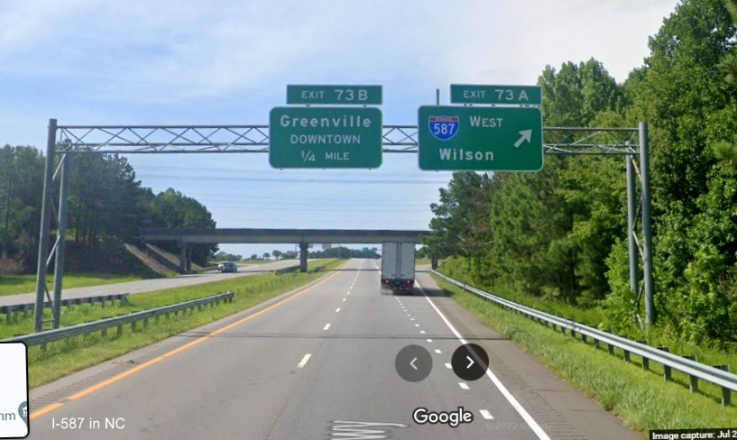 Image of overhead exit sign for I-587 West on US 264/NC 11 Bypass in Greenville, Google Maps Street View image, July 2022