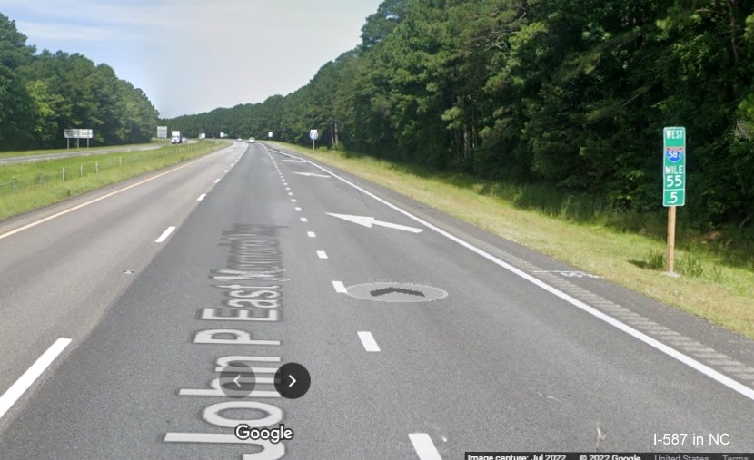 Image of first West I-587 mile marker beyond the US 264/NC 11 Bypass exit in Greenville, Google Maps Street View image, July 2022
