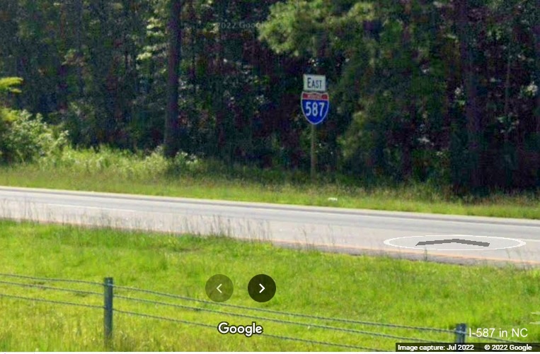 Image of last East I-587 mile marker beyond the Mozingo Road exit in Greenville, Google Maps Street View image, July 2022