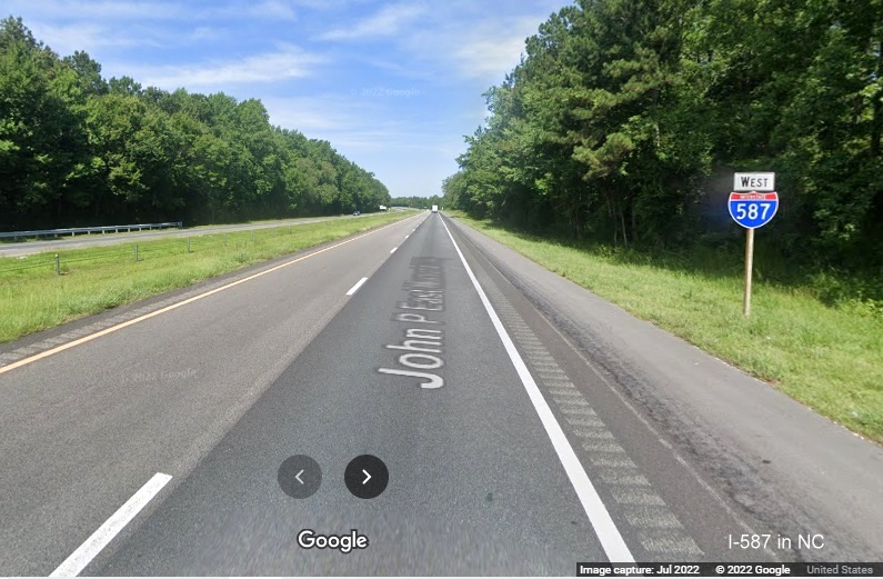 Image of second West I-587 reassurance marker beyond the Mozingo Road exit in Greenville, Google Maps Street View image, July 2022