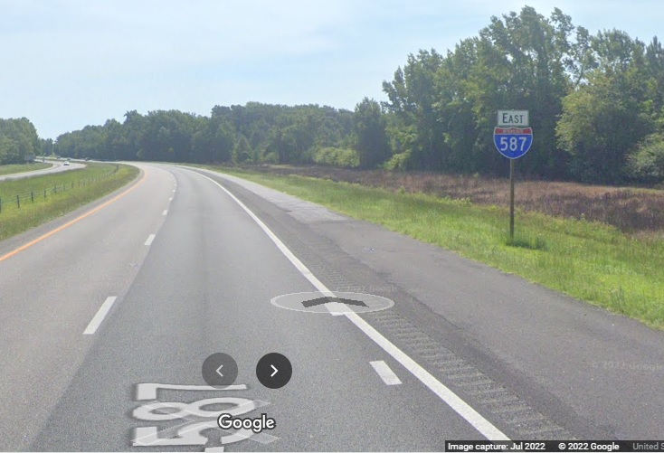 Image of East I-587 reassurance marker after US 158 South exit in Farmville, Google Maps Street View image, July 2022