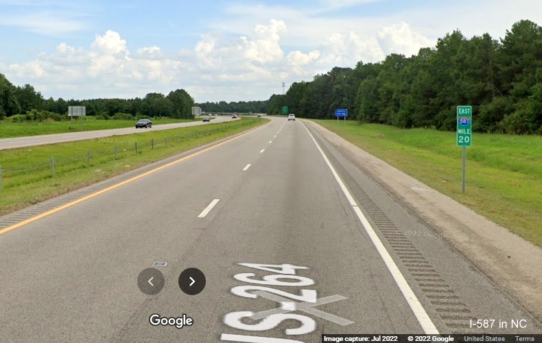 Image of second East I-587 mile marker prior to NC 42 exit in Wilson, Google Maps Street View image, July 2022