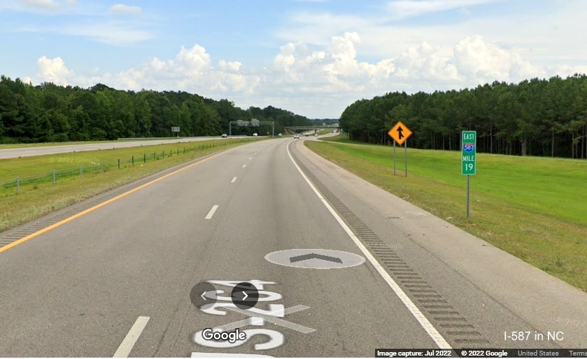 Image of first East I-587 mile marker at I-95 interchange in Wilson, Google Maps Street View image, July 2022