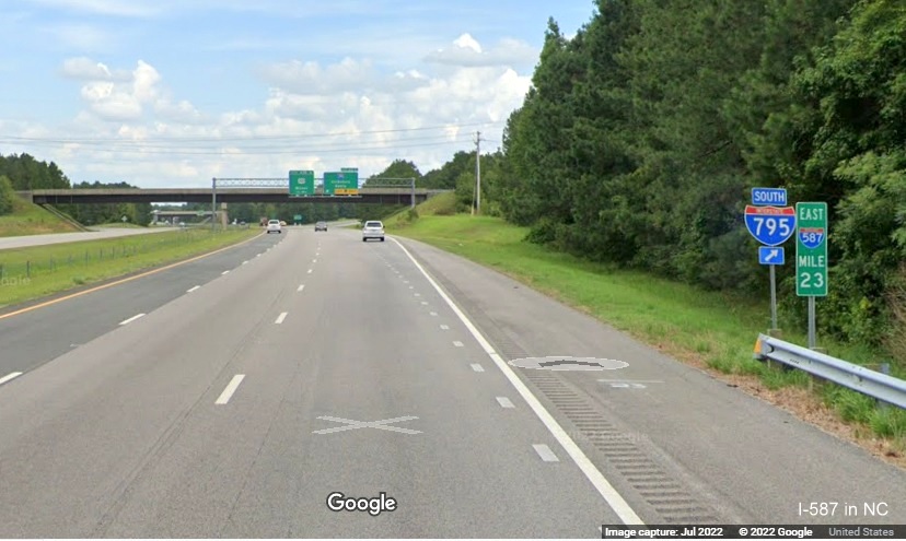 Image of second East I-587 mile marker prior to NC 42 exit in Wilson, Google Maps Street View image, July 2022