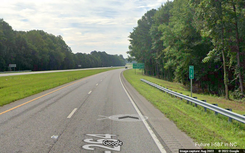 Image of Future I-587 mile marker prior to US 264 Alt. exit on US 264 East in Sims, Google Maps Street View image, August 2022