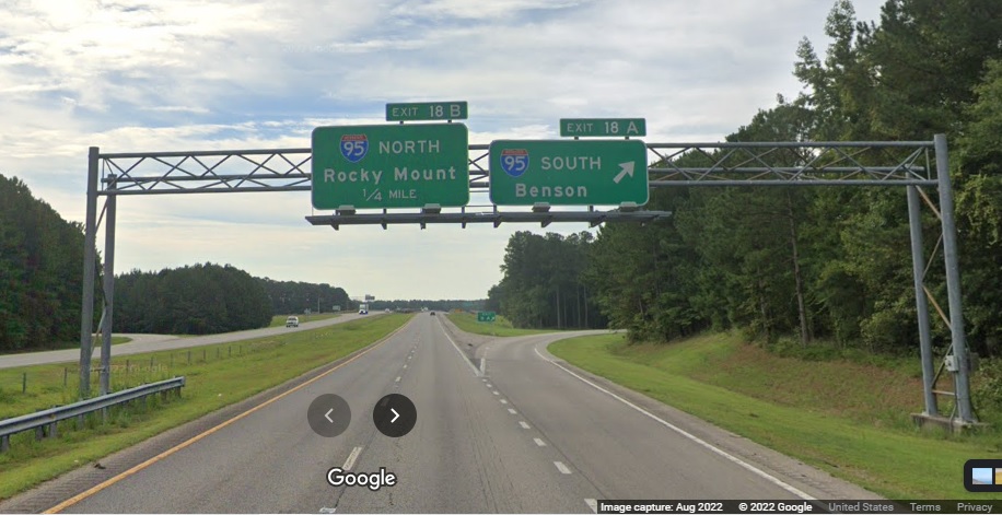 Image of new exit numbers based on I-587 mileage on US 264 East in Wilson for I-95 exits, Google Maps Street View, August 2022