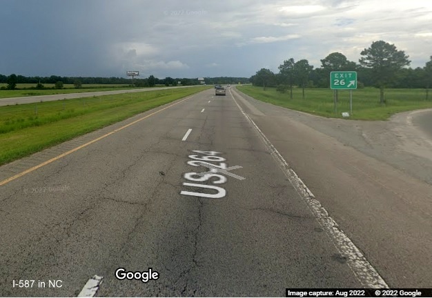 Image of gore sign for Black Creek Road exit with new I-587 exit number on I-587 East in Wilson, Google Maps Street View, August 2022