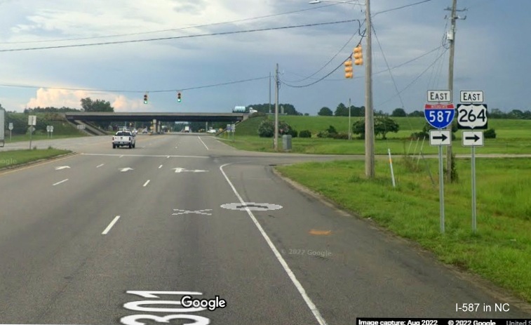 Image of new East I-587 trailblazer on US 301 North in Wilson, Google Maps Street View image, August 2022