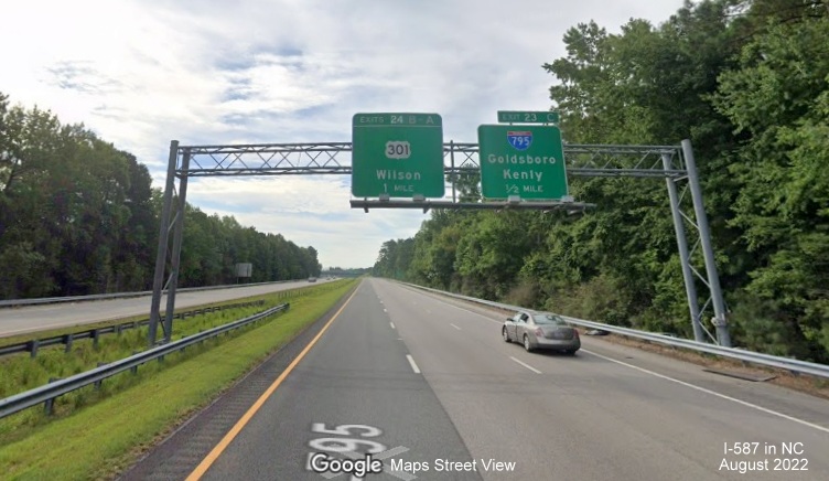 Image of new exit numbers on overhead signs for US 301 and I-795 South exits on I-587 East/I-795 South in Wilson, Google Maps Street View, August 2022