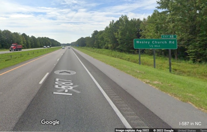 Image of gore sign for US 258 South exit on I-587 East with new I-587 milepost based exit number, Google Maps Street View, August 2022