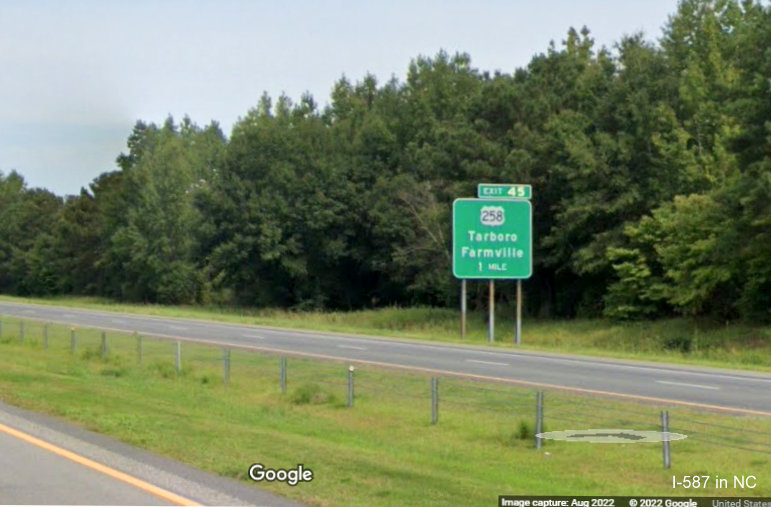 Image of 1 mile advance sign for US 258 (North) exit on I-587 West with new I-587 milepost based exit number, Google Maps Street View, August 2022
